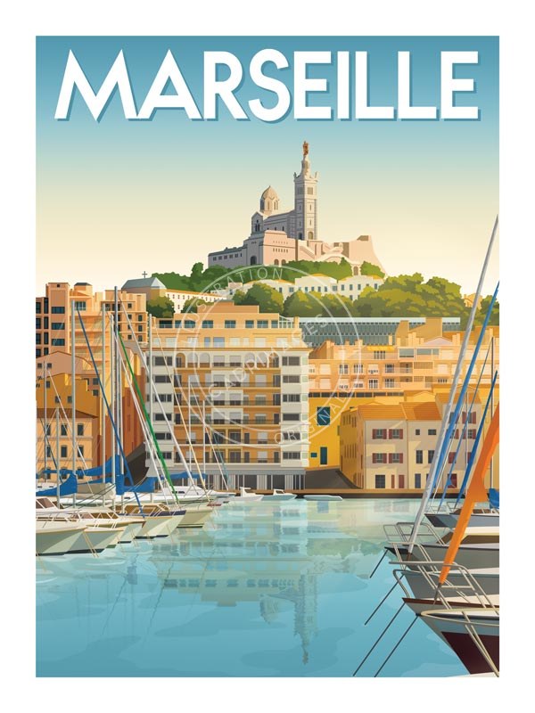 Affiche de Marseille, le port vue sur bonne mère