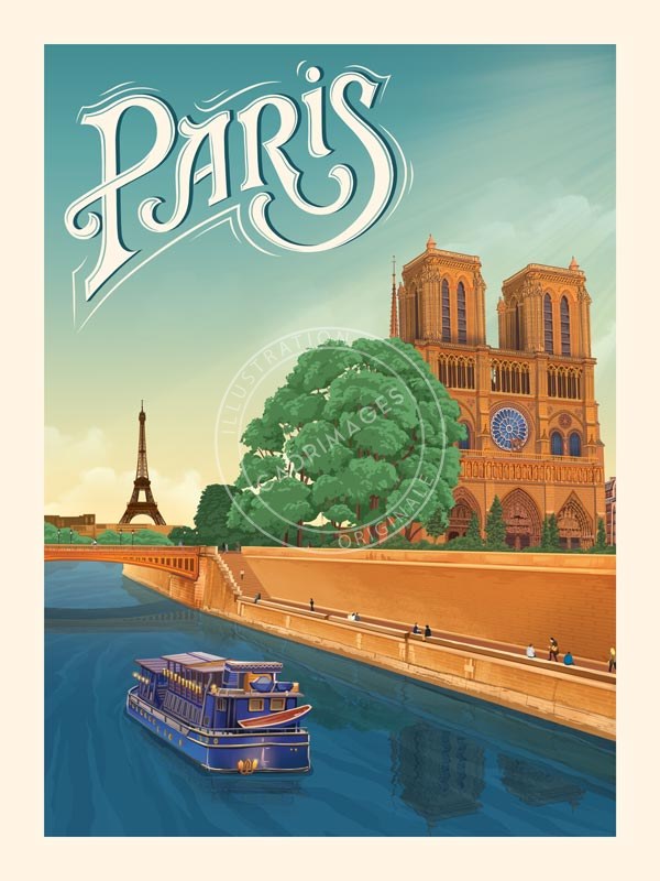 Affiche de Notre Dame en bateau à Paris
