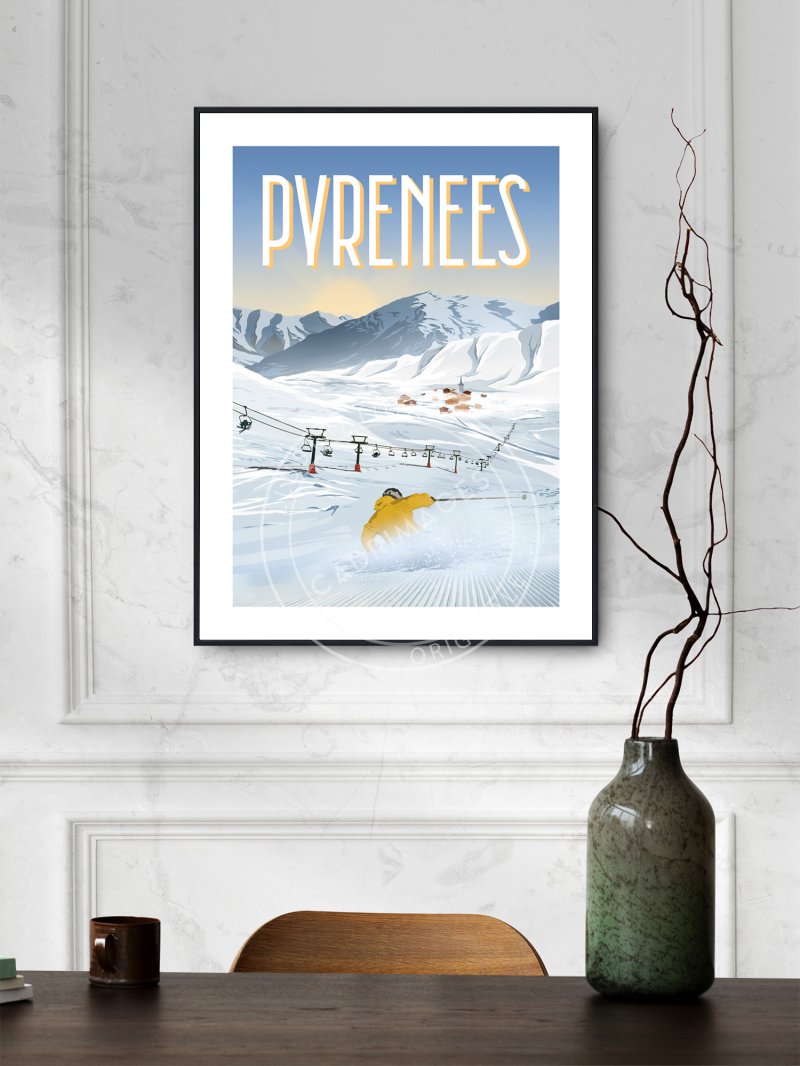 Affiche des Pyrénées, virage en ski
