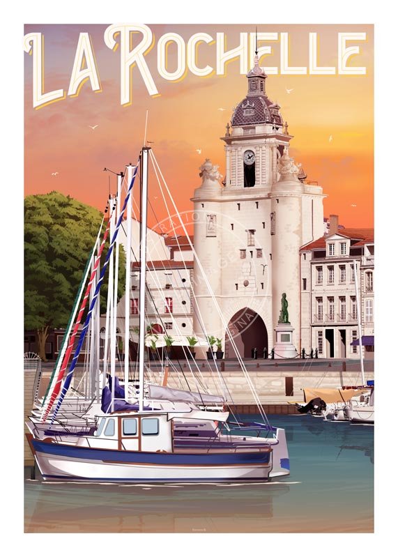 Affiche de La Rochelle, la Grosse Horloge vue du port