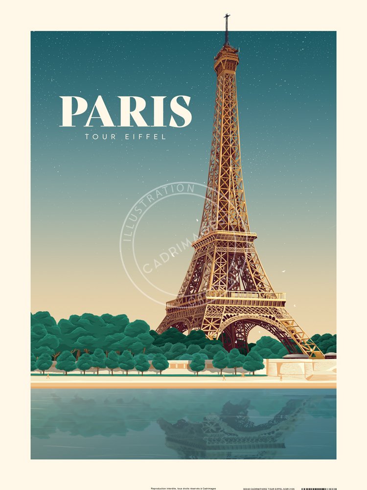 Affiche de Paris, la Tour Eiffel le soir